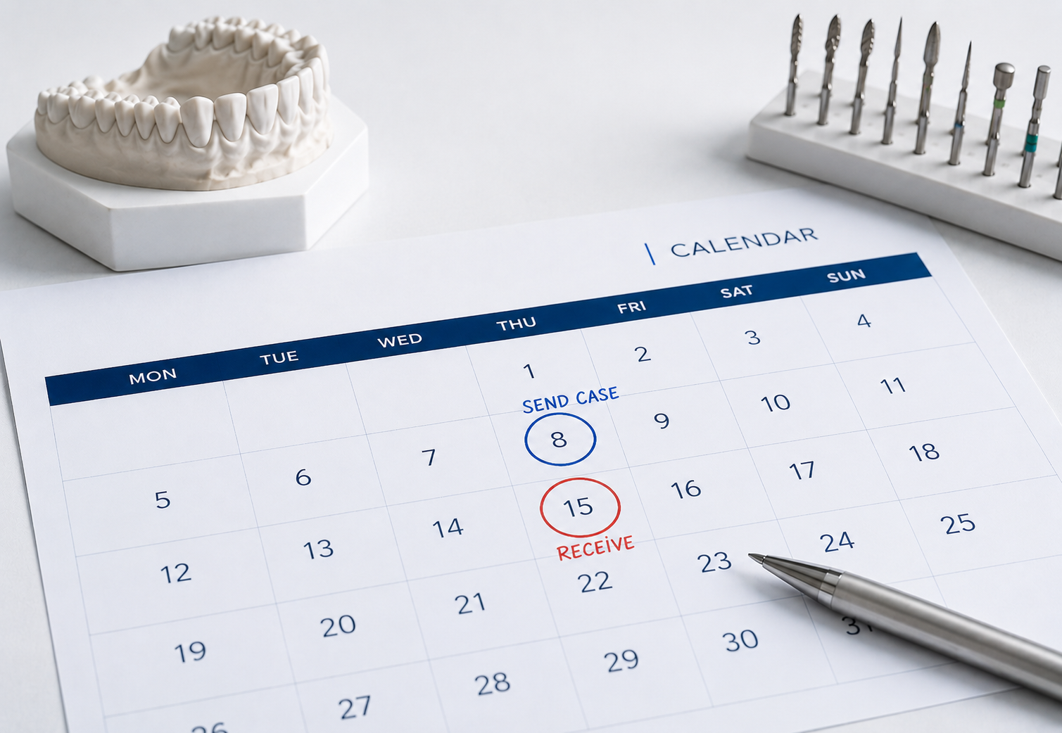 Calendar with the send-case and receive dates one week apart